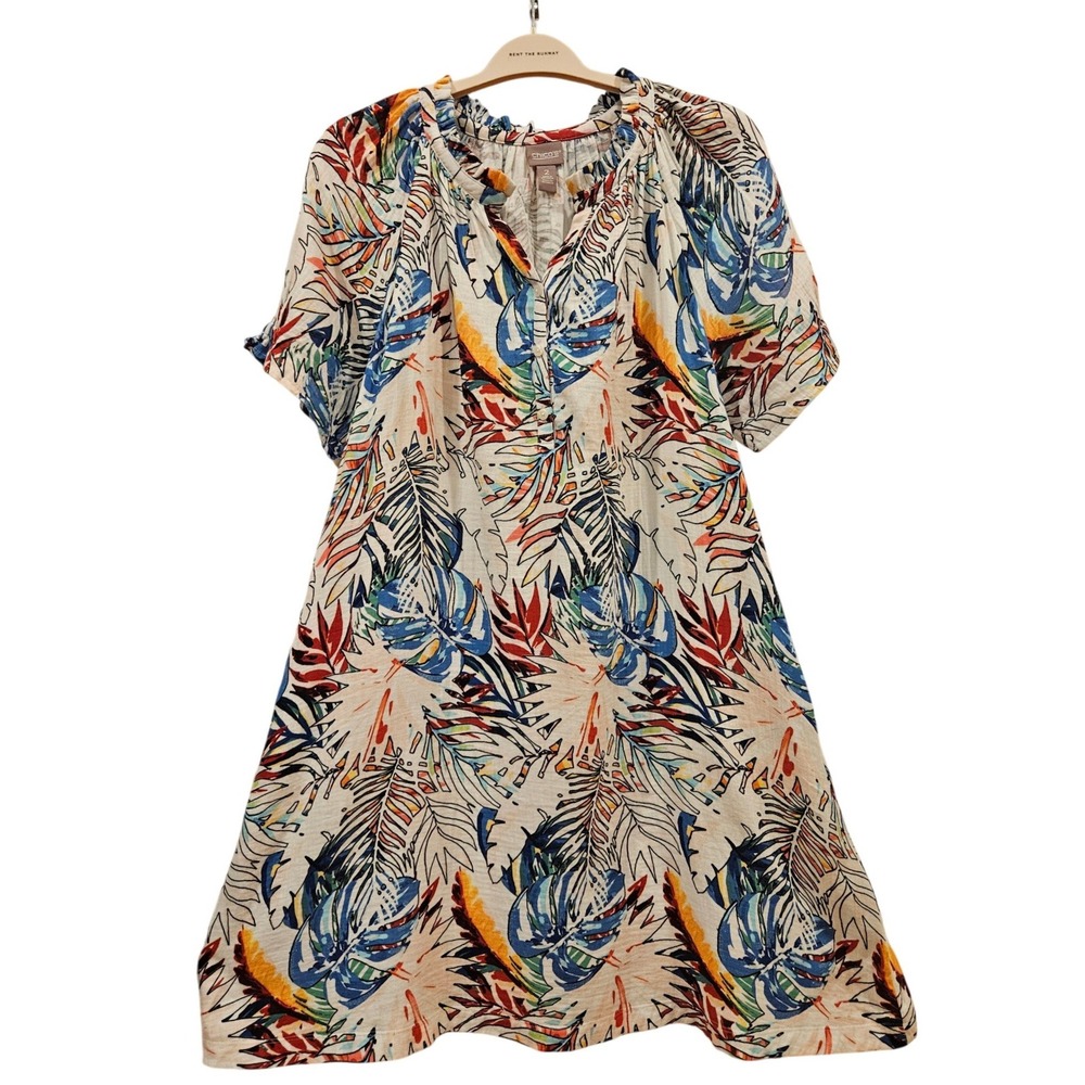 Chicos Tropical Palm 100% Cotton Shift Dress Ruffle Neck Multicolor Size 2 L